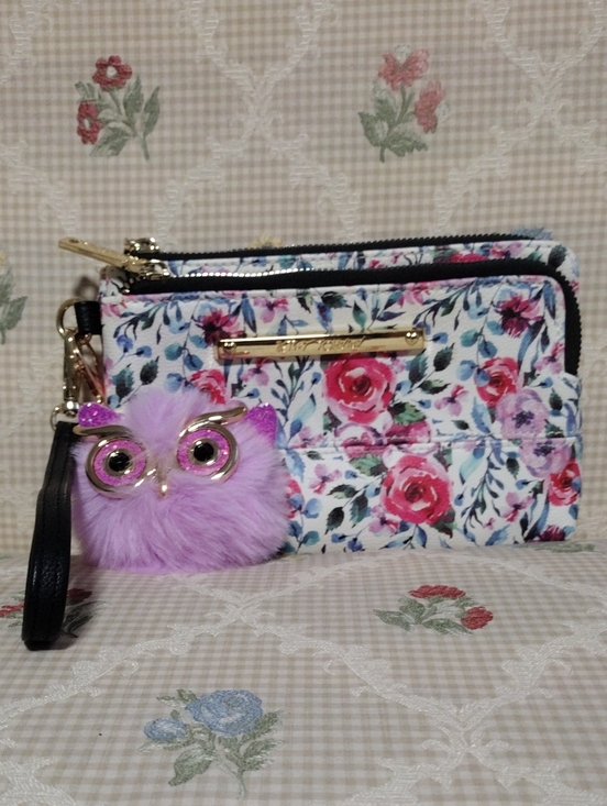 Betsey Johnson Handbags - Floral Double Zip Wristlet with Purple Pom Owl Charm